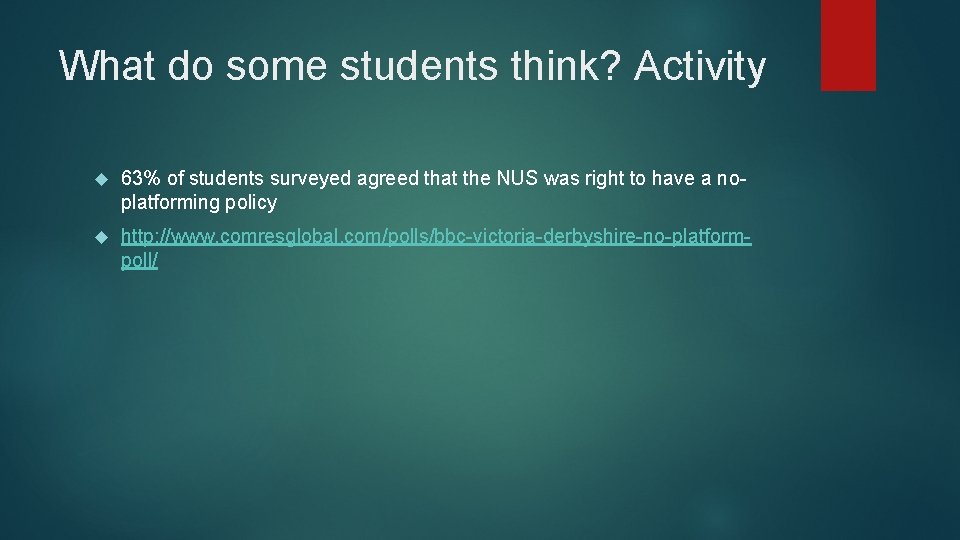 What do some students think? Activity 63% of students surveyed agreed that the NUS
