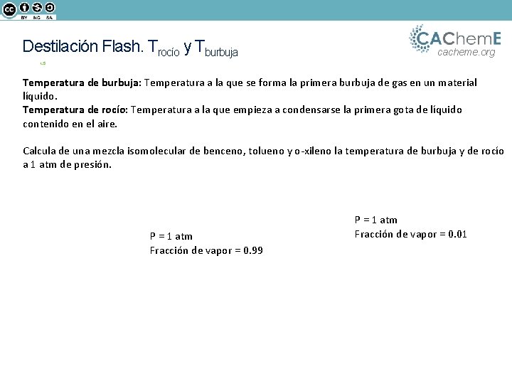 Destilación Flash. Trocío y Tburbuja cacheme. org Temperatura de burbuja: Temperatura a la que