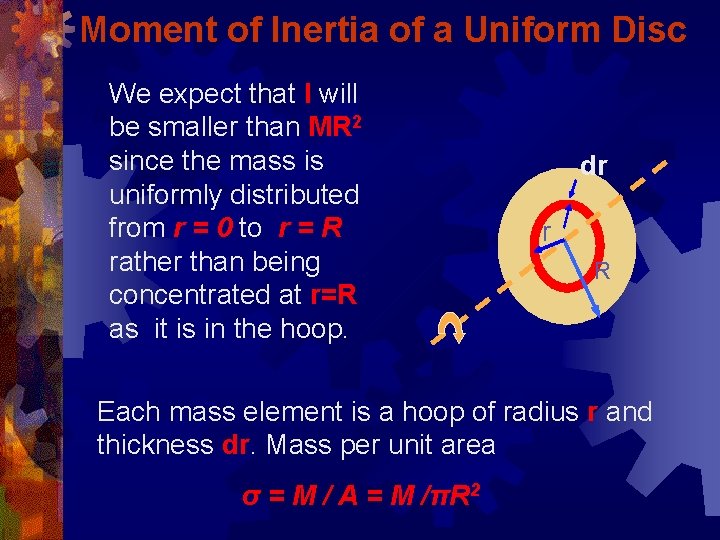 Moment of Inertia of a Uniform Disc We expect that I will be smaller
