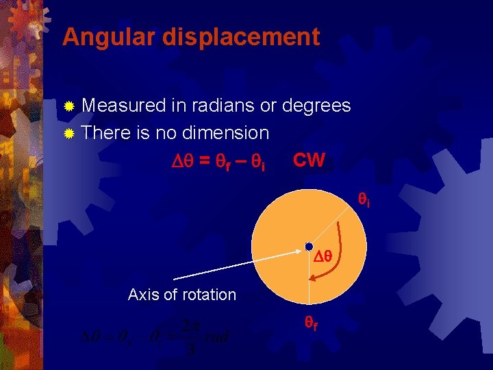 Angular displacement ® Measured in radians or degrees ® There is no dimension Dq