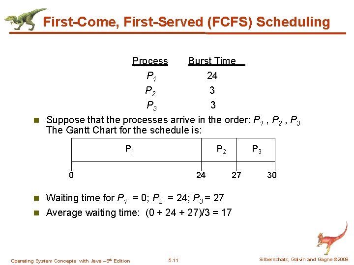First-Come, First-Served (FCFS) Scheduling Process Burst Time P 1 24 P 2 3 P