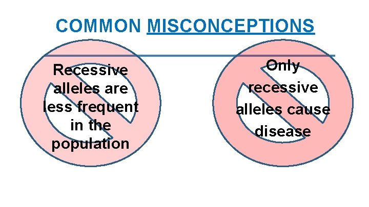 COMMON MISCONCEPTIONS Recessive alleles are less frequent in the population Only recessive alleles cause