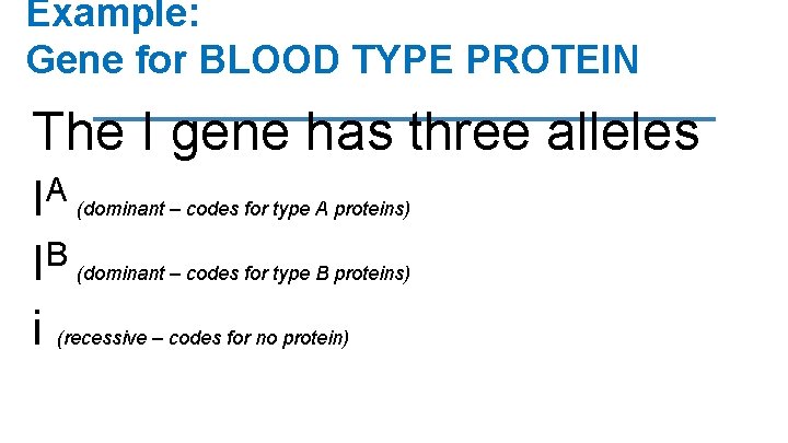 Example: Gene for BLOOD TYPE PROTEIN The I gene has three alleles A I