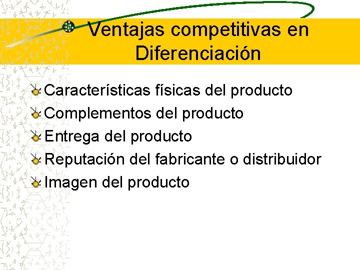 Ventajas competitivas en Diferenciación Características físicas del producto Complementos del producto Entrega del producto Ventajas competitivas en Diferenciación Características físicas del producto Complementos del producto Entrega del producto