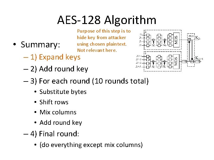 AES-128 Algorithm • Summary: Purpose of this step is to hide key from attacker