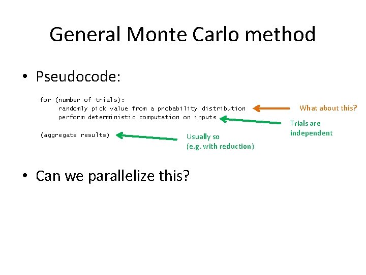 General Monte Carlo method • Pseudocode: for (number of trials): randomly pick value from