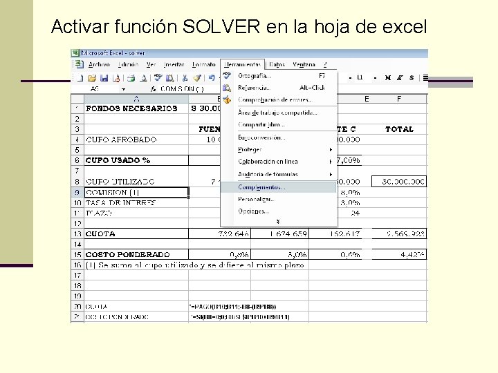 Activar función SOLVER en la hoja de excel 