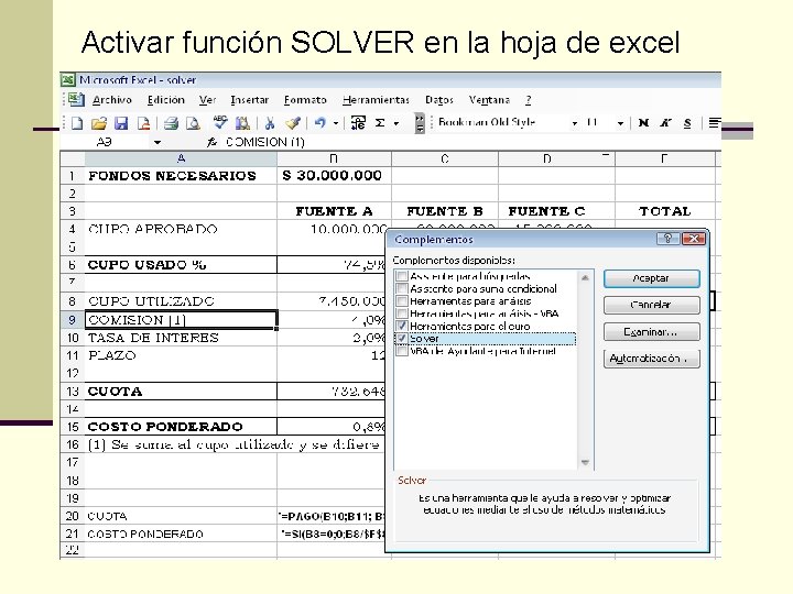 Activar función SOLVER en la hoja de excel 