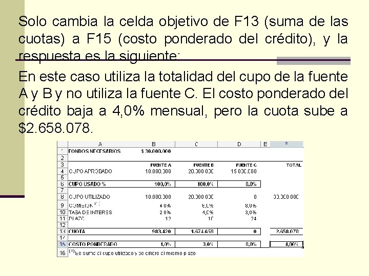 Solo cambia la celda objetivo de F 13 (suma de las cuotas) a F