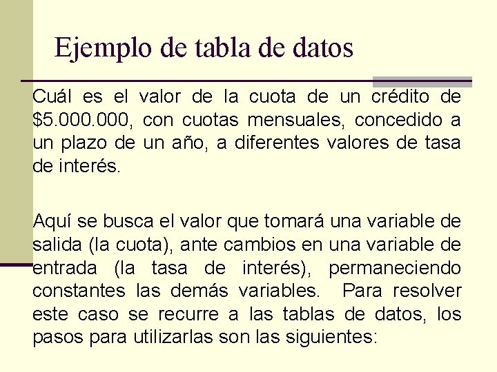 Ejemplo de tabla de datos Cuál es el valor de la cuota de un