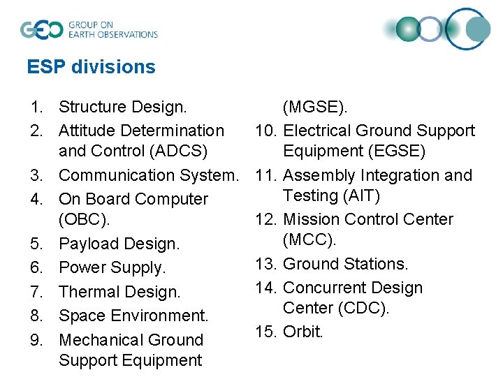ESP divisions 1. Structure Design. 2. Attitude Determination and Control (ADCS) 3. Communication System.