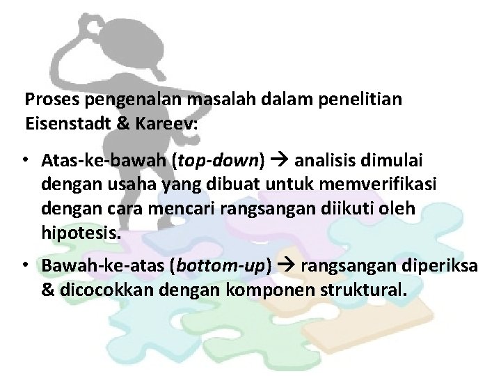 Proses pengenalan masalah dalam penelitian Eisenstadt & Kareev: • Atas-ke-bawah (top-down) analisis dimulai dengan