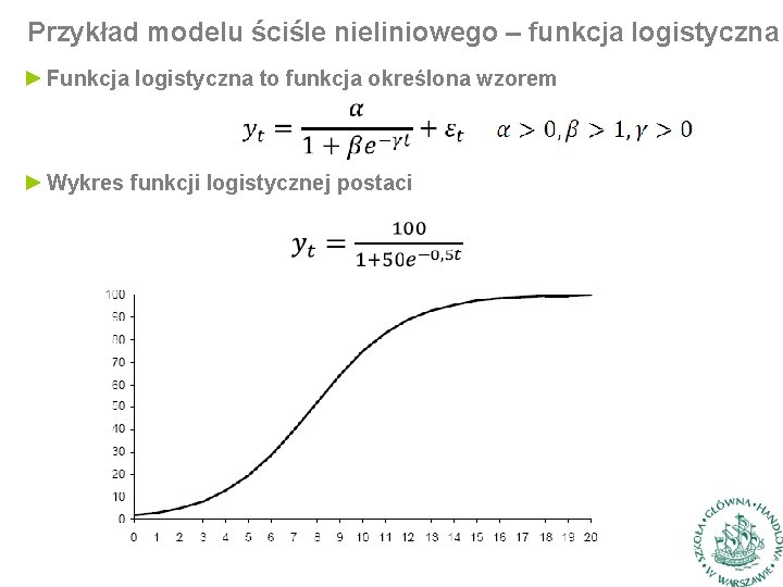 Przykład modelu ściśle nieliniowego – funkcja logistyczna ► Funkcja logistyczna to funkcja określona wzorem