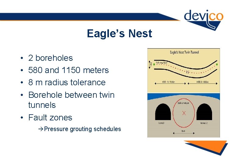 Eagle’s Nest • • 2 boreholes 580 and 1150 meters 8 m radius tolerance