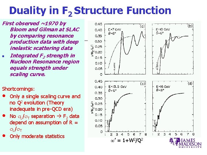 Duality in F 2 Structure Function First observed ~1970 by Bloom and Gilman at Duality in F 2 Structure Function First observed ~1970 by Bloom and Gilman at