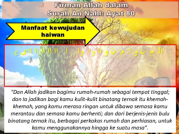 Firman Allah dalam Surah An Nahl: Ayat 80 Manfaat kewujudan haiwan . ﺍﻟ ﻡ