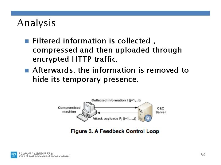 Analysis Filtered information is collected , compressed and then uploaded through encrypted HTTP traffic.