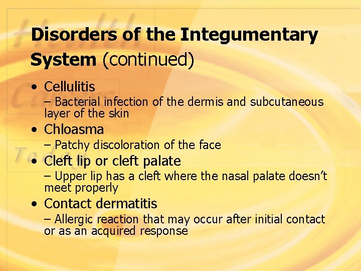 Disorders of the Integumentary System (continued) • Cellulitis – Bacterial infection of the dermis