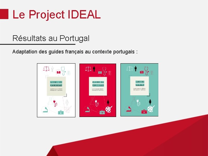 Le Project IDEAL Résultats au Portugal Adaptation des guides français au contexte portugais :