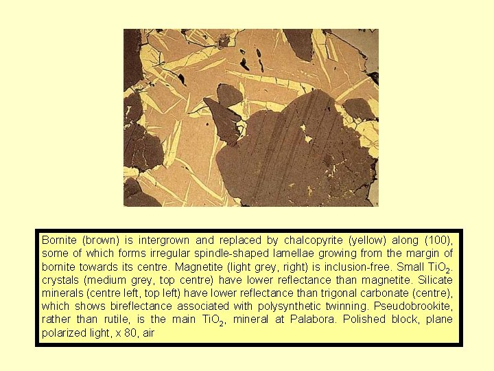 Bornite (brown) is intergrown and replaced by chalcopyrite (yellow) along (100), some of which