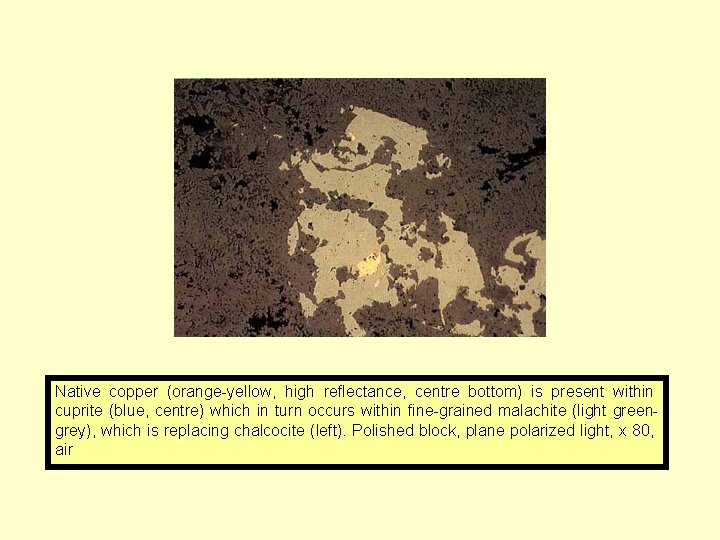 Native copper (orange-yellow, high reflectance, centre bottom) is present within cuprite (blue, centre) which