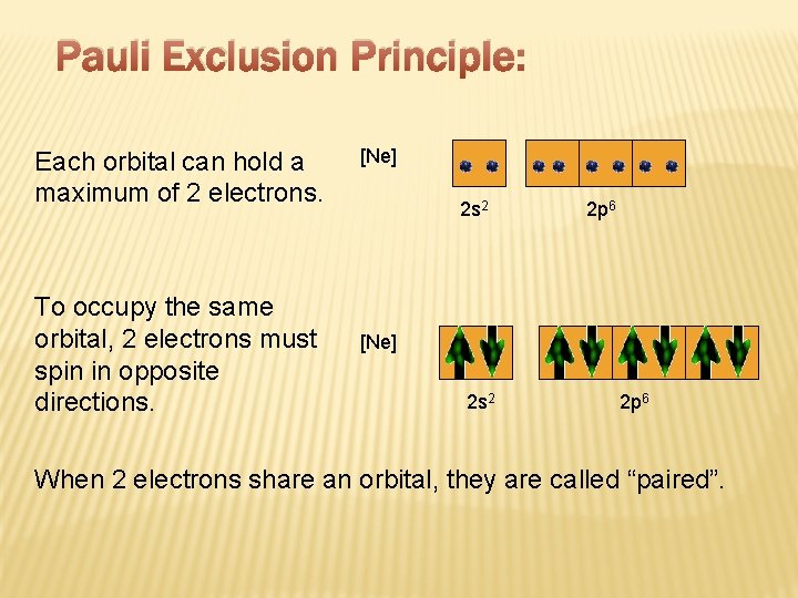 Pauli Exclusion Principle: Each orbital can hold a maximum of 2 electrons. To occupy