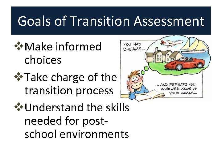 Goals of Transition Assessment v. Make informed choices v. Take charge of the transition Goals of Transition Assessment v. Make informed choices v. Take charge of the transition