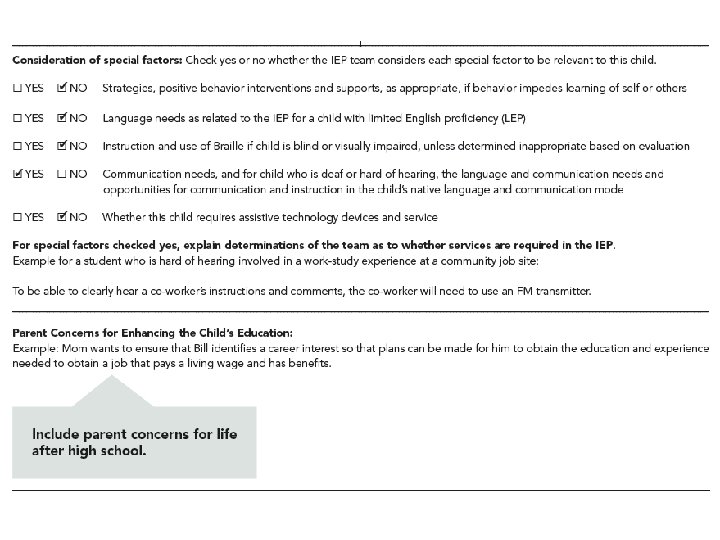 Screen shot of OSDE form 7 Consideration of special factors and Parent concerns for Screen shot of OSDE form 7 Consideration of special factors and Parent concerns for