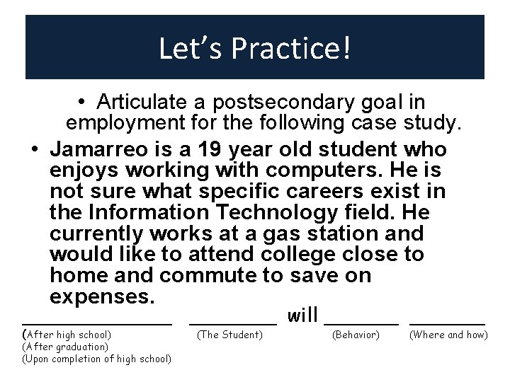 Let’s Practice! • Articulate a postsecondary goal in employment for the following case study. Let’s Practice! • Articulate a postsecondary goal in employment for the following case study.