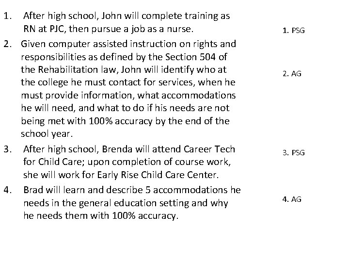 1. After high school, John will complete training as RN at PJC, then pursue 1. After high school, John will complete training as RN at PJC, then pursue