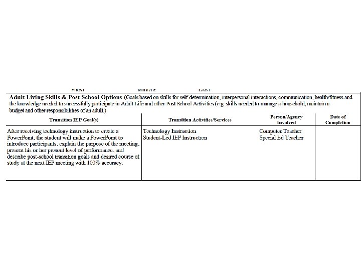 Screen shot of OSDE form 7 Adult living and Post school options goal, activities, Screen shot of OSDE form 7 Adult living and Post school options goal, activities,