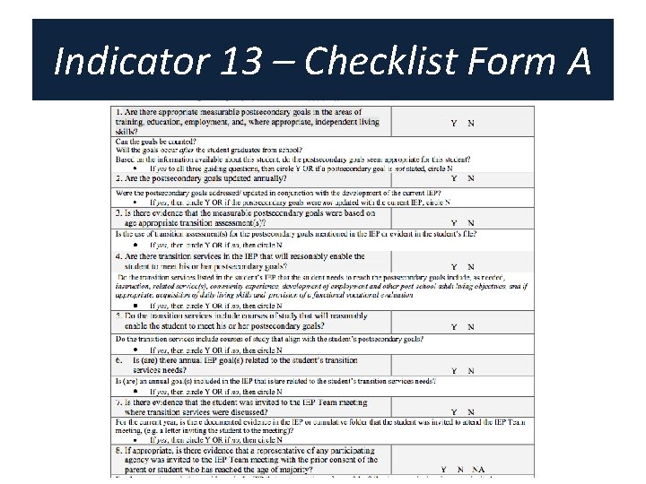 Indicator 13 – Checklist Form A Indicator 13 Checklist A Indicator 13 – Checklist Form A Indicator 13 Checklist A