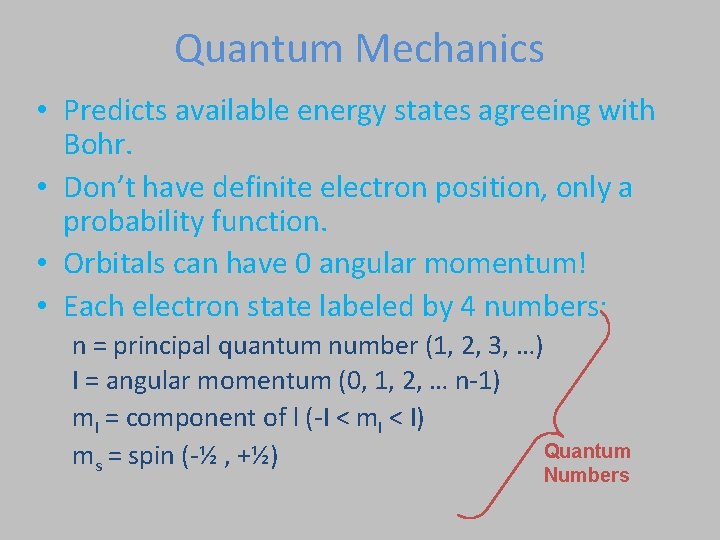 Quantum Mechanics • Predicts available energy states agreeing with Bohr. • Don’t have definite