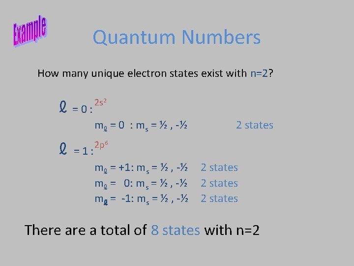 Quantum Numbers How many unique electron states exist with n=2? ℓ =0: 2 s