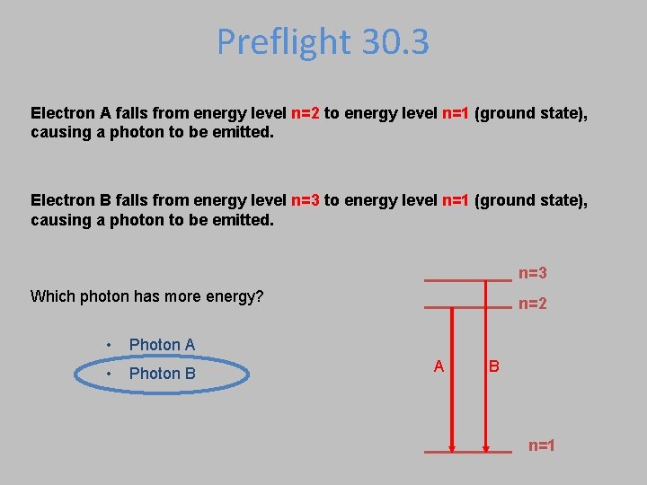 Preflight 30. 3 Electron A falls from energy level n=2 to energy level n=1