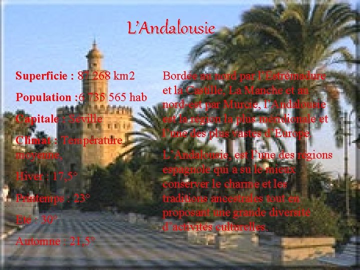 L’Andalousie Superficie : 87 268 km 2 Population : 6 735 565 hab Capitale