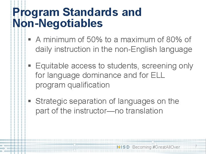Program Standards and Non-Negotiables § A minimum of 50% to a maximum of 80%