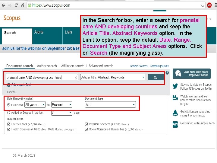 In the Search for box, enter a search for prenatal care AND developing countries