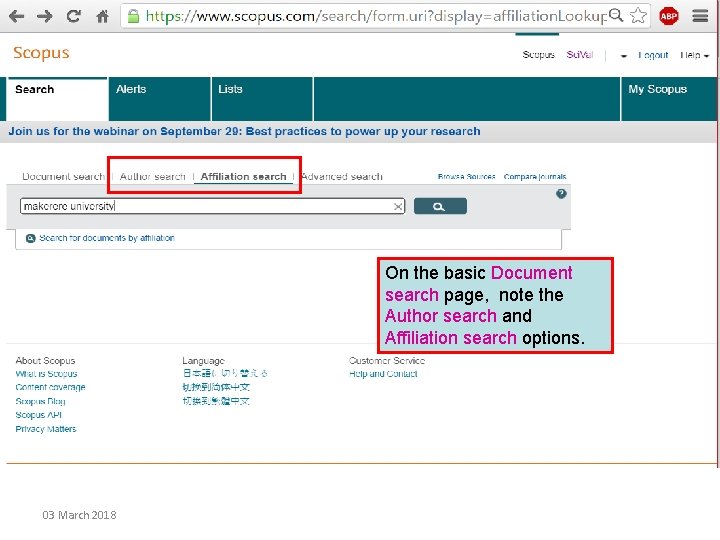 On the basic Document search page, note the Author search and Affiliation search options.