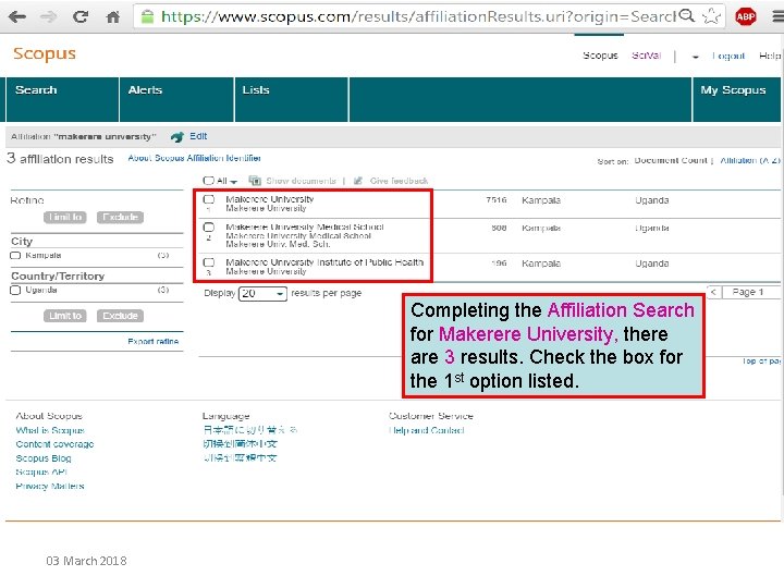 Completing the Affiliation Search for Makerere University, there are 3 results. Check the box