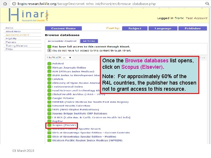 Once the Browse databases list opens, click on Scopus (Elsevier). Note: For approximately 60%