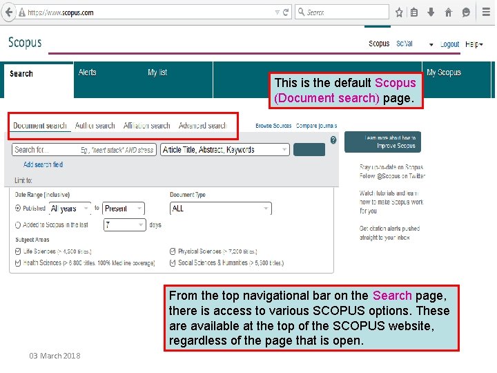 This is the default Scopus (Document search) page. From the top navigational bar on