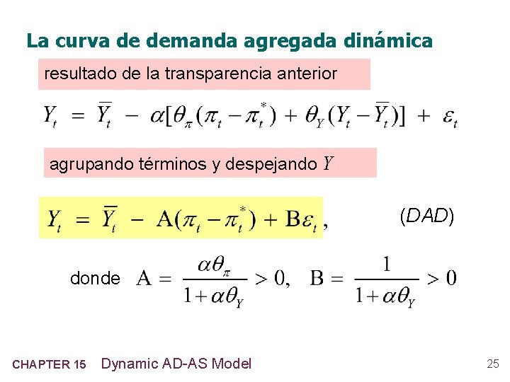 La curva de demanda agregada dinámica resultado de la transparencia anterior agrupando términos y