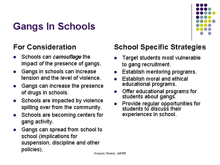 Gangs In Schools For Consideration l l l School Specific Strategies Schools can camouflage