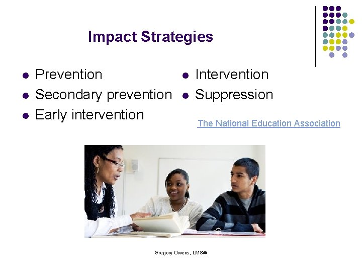Impact Strategies l l l Prevention Secondary prevention Early intervention l l Intervention Suppression