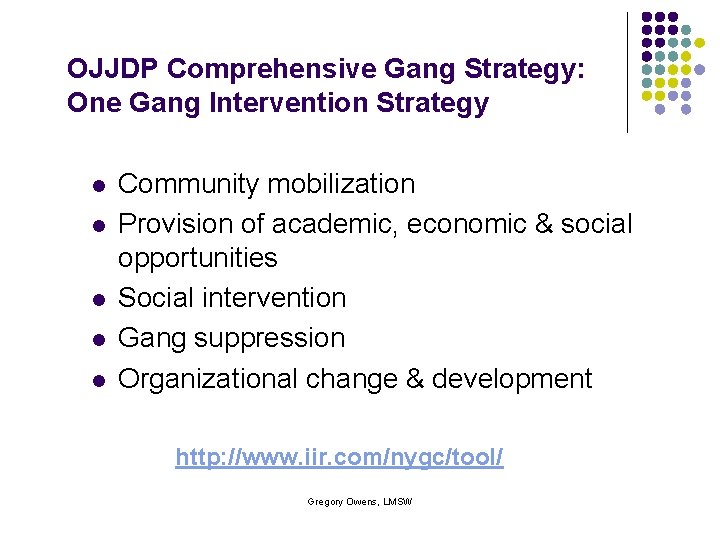 OJJDP Comprehensive Gang Strategy: One Gang Intervention Strategy l l l Community mobilization Provision