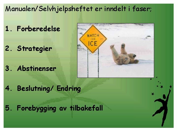 Manualen/Selvhjelpsheftet er inndelt i faser; 1. Forberedelse 2. Strategier 3. Abstinenser 4. Beslutning/ Endring