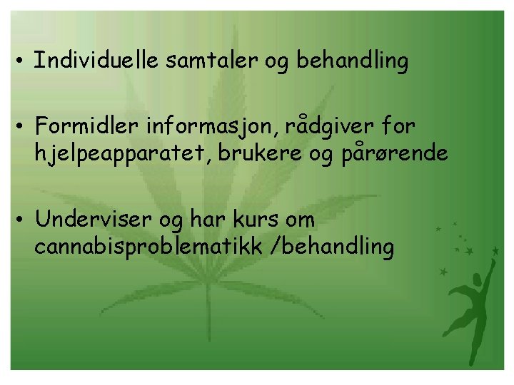  • Individuelle samtaler og behandling • Formidler informasjon, rådgiver for hjelpeapparatet, brukere og
