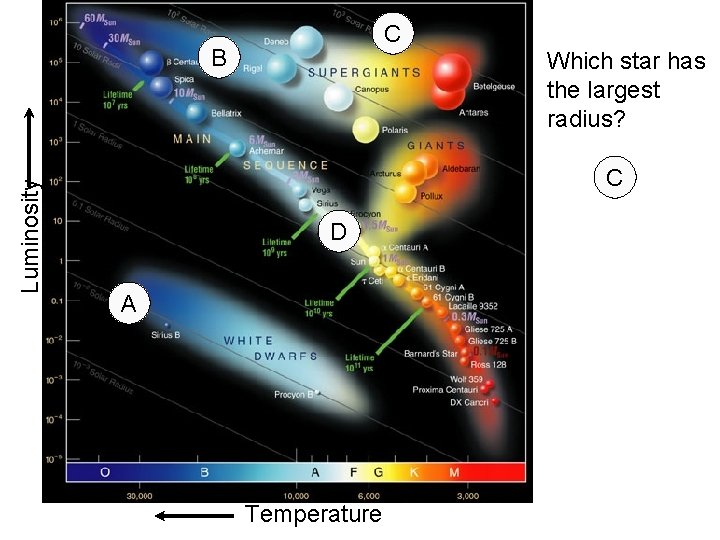 C Luminosity B Which star has the largest radius? C D A Temperature 