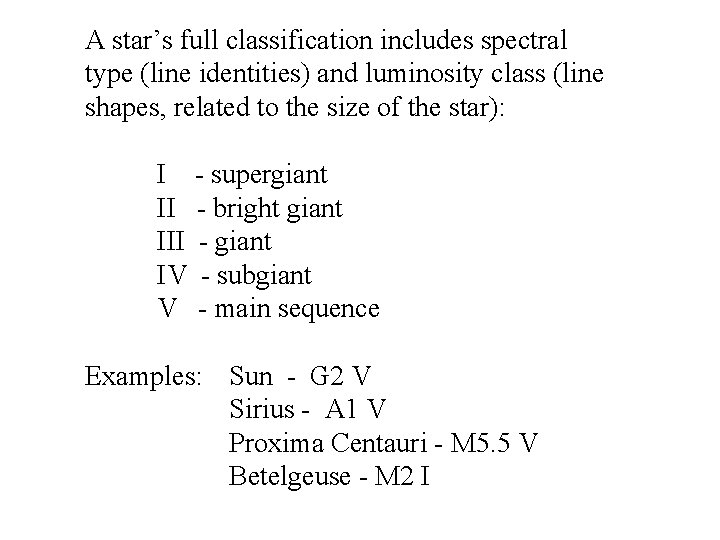 A star’s full classification includes spectral type (line identities) and luminosity class (line shapes,